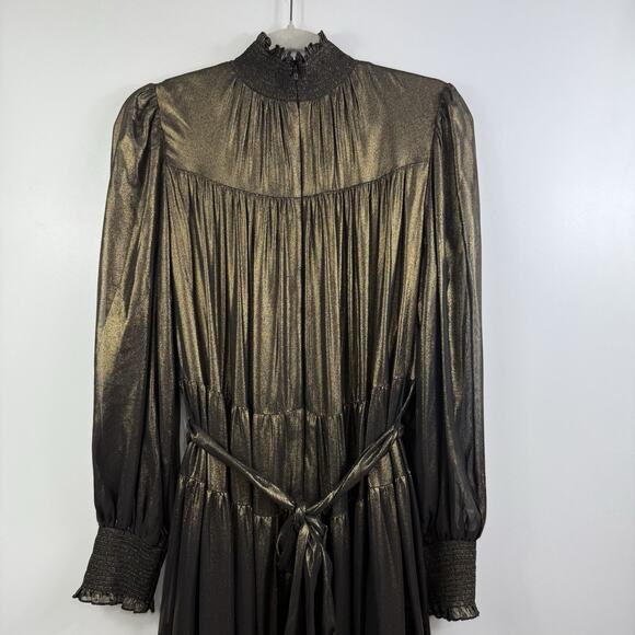 Alex Marie Gold Metallic High Neck Maxi Dress Size 10 Smocked Tiered Castlecore - Picture 12 of 16